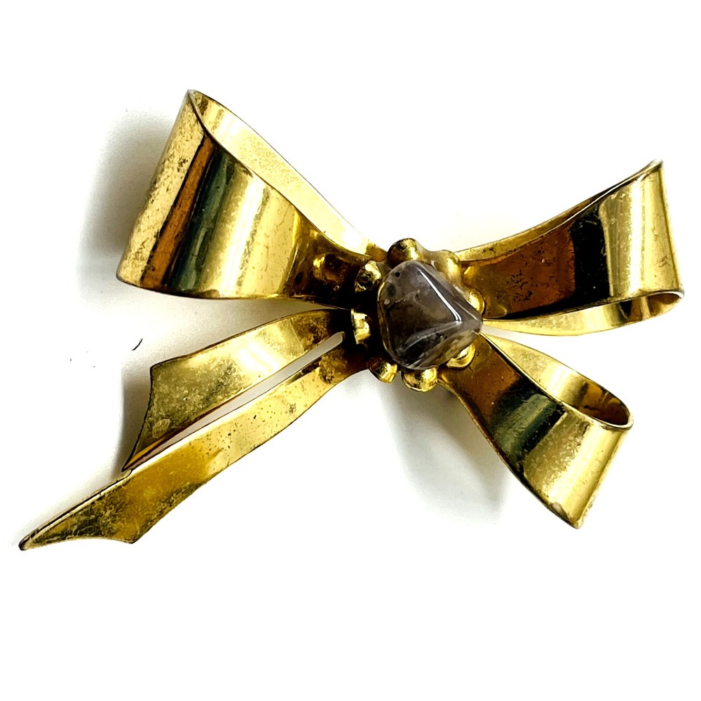 Signed Coro Bow Brooch Gold Tone Brown Bead Ribbon Pin Vintage Statement Costume